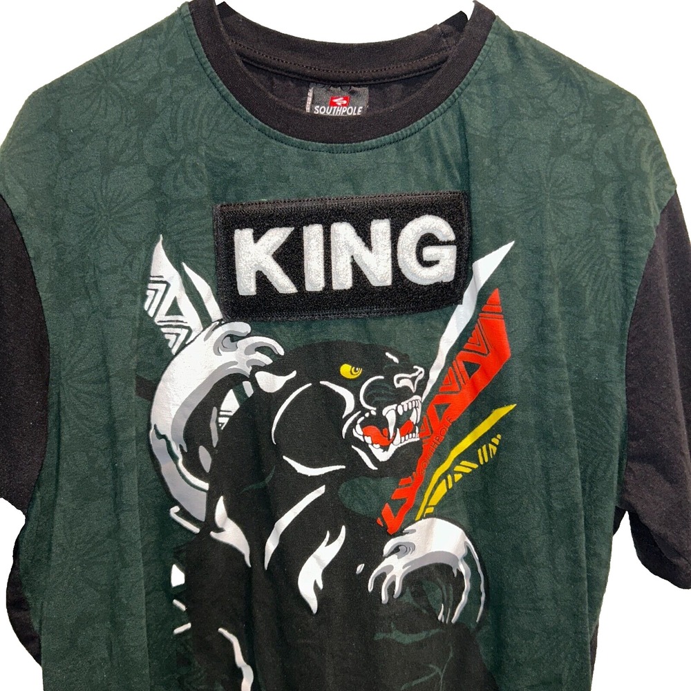 Southpole Graphic T-Shirt Medium Men's Green Black Panther King Patch Streetwear
